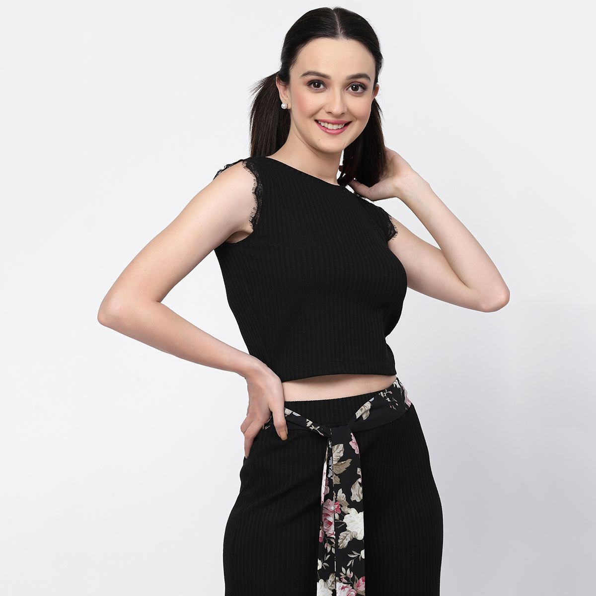 Black Knit Crop Top With Lace
