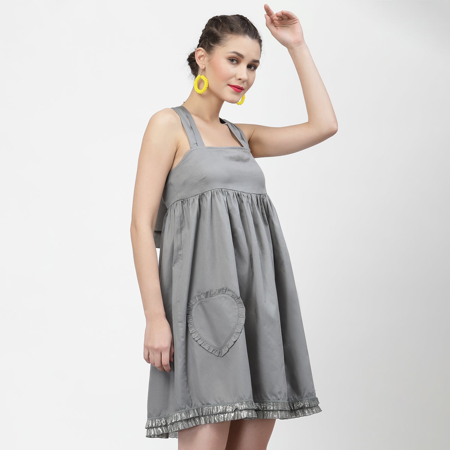 Grey Halter Dress With Frill Heart Pocket