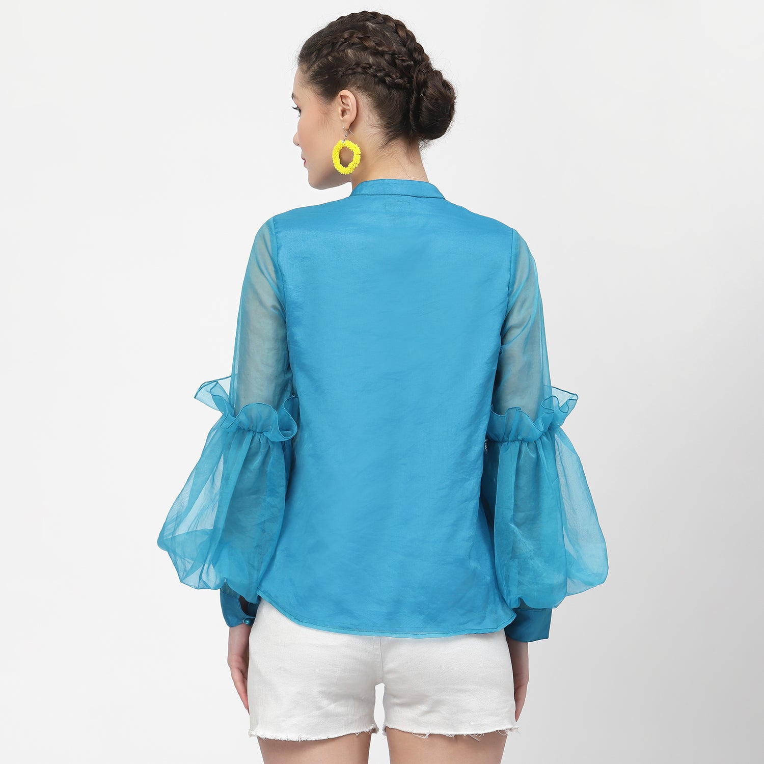 Turquoise Organza Top With Buttons And Laces