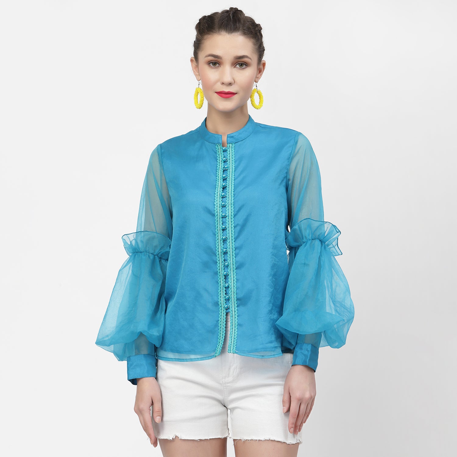 Turquoise Organza Top With Buttons And Laces