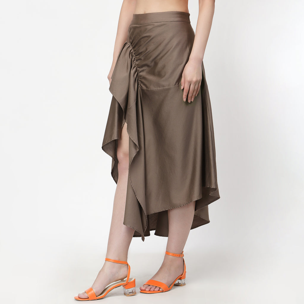 Dark Beige Asymmetrical Skirt With Buckles