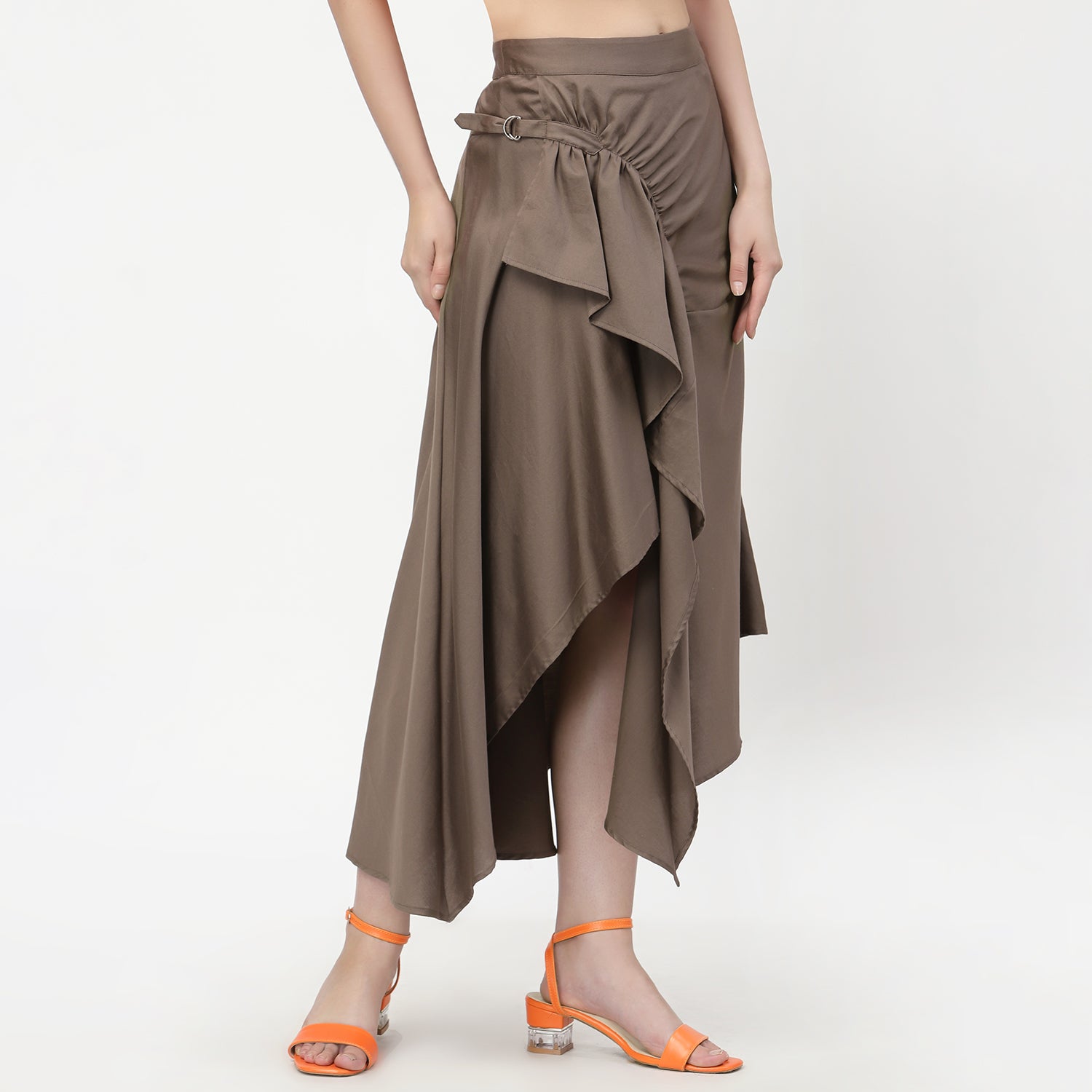Dark Beige Asymmetrical Skirt With Buckles