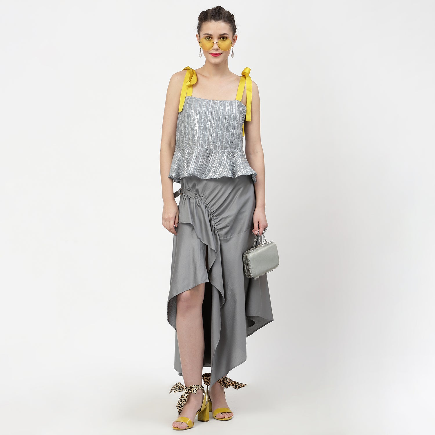 Grey Asymmetrical Skirt With Buckles