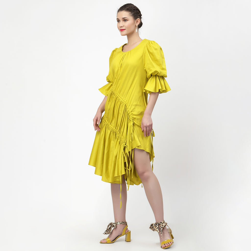 Yellow cotton asymmetrical dress with gather & strings