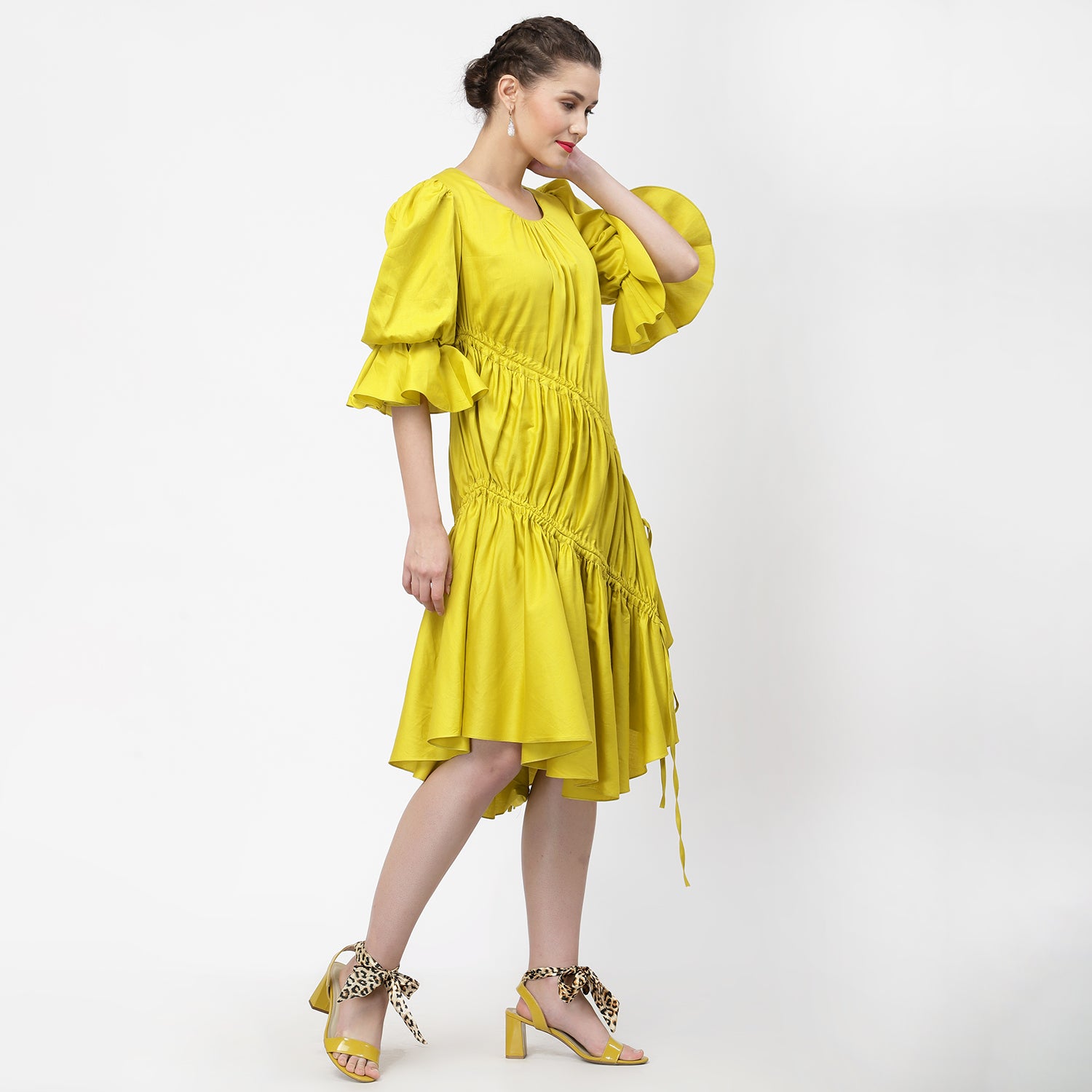 Yellow Cotton Asymmetrical Dress With Gather & Strings