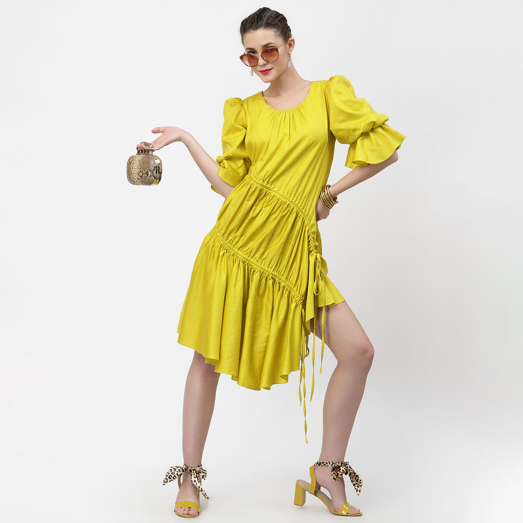 Yellow cotton asymmetrical dress with gather & strings