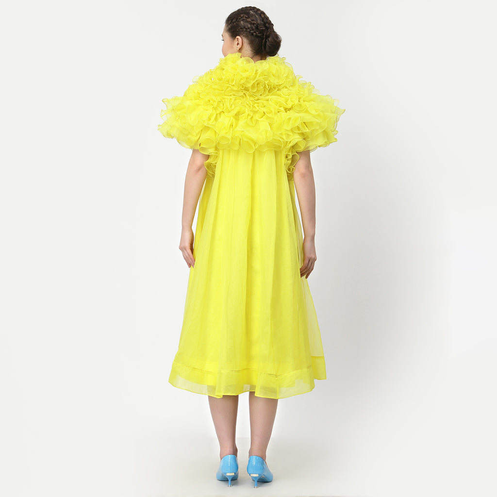 Neon Yellow Organza Dress With Frill Cape Collar