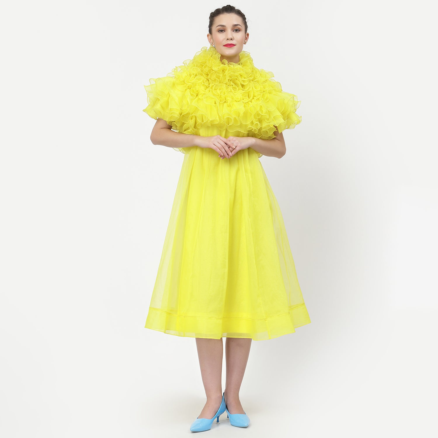 Neon Yellow Organza Dress With Frill Cape Collar