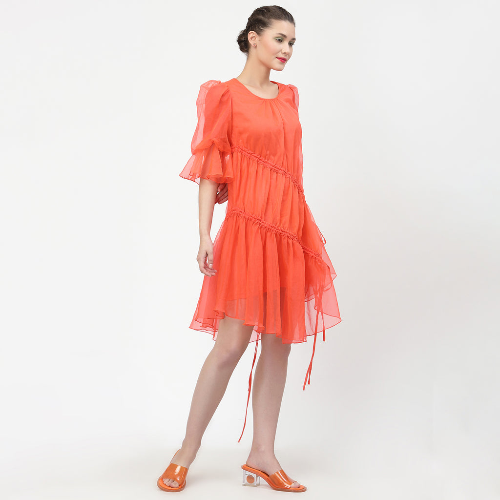 Neon Peach Organza Asymmetrical Dress With Gather & Strings