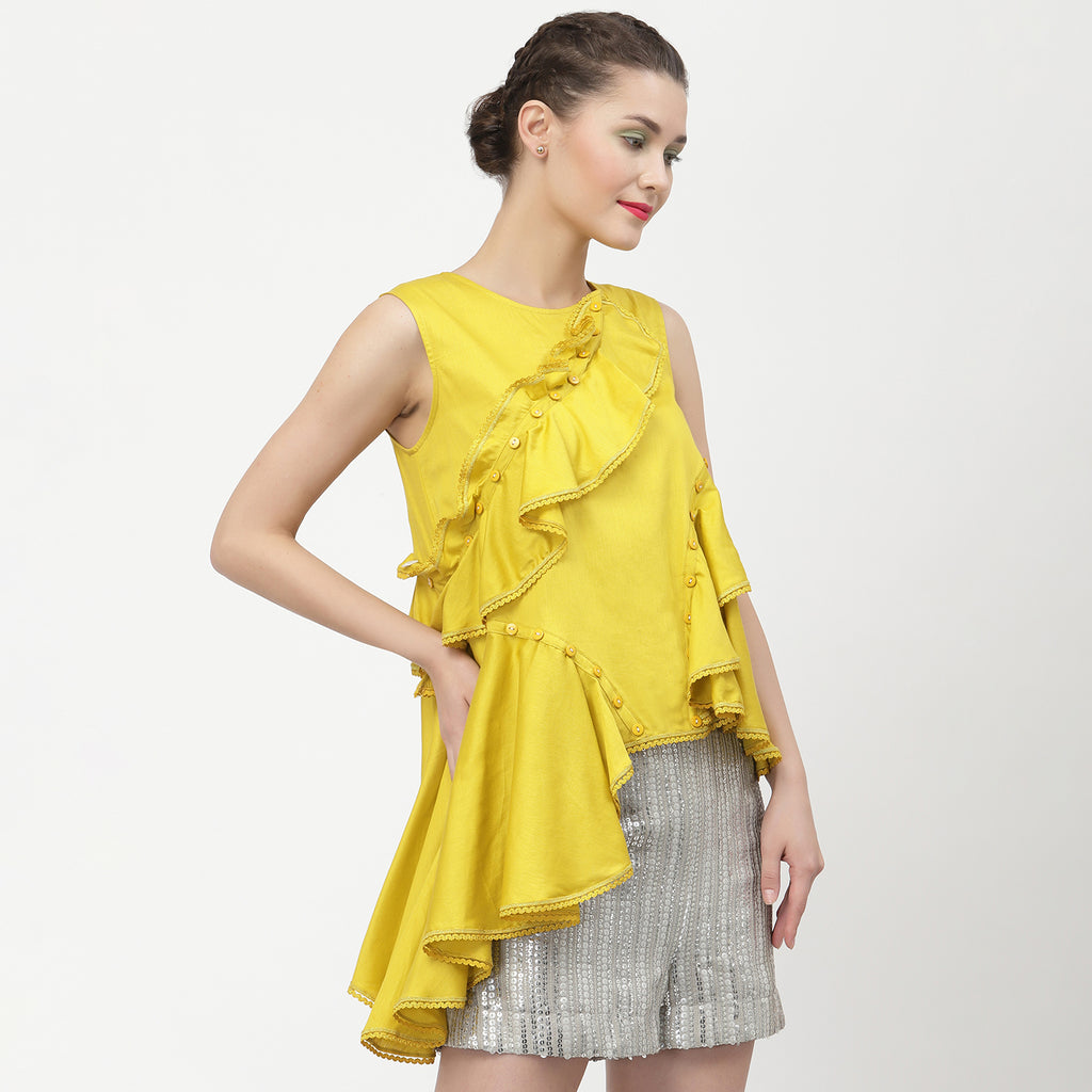 Yellow Ruffle Top With Buttons & Lace