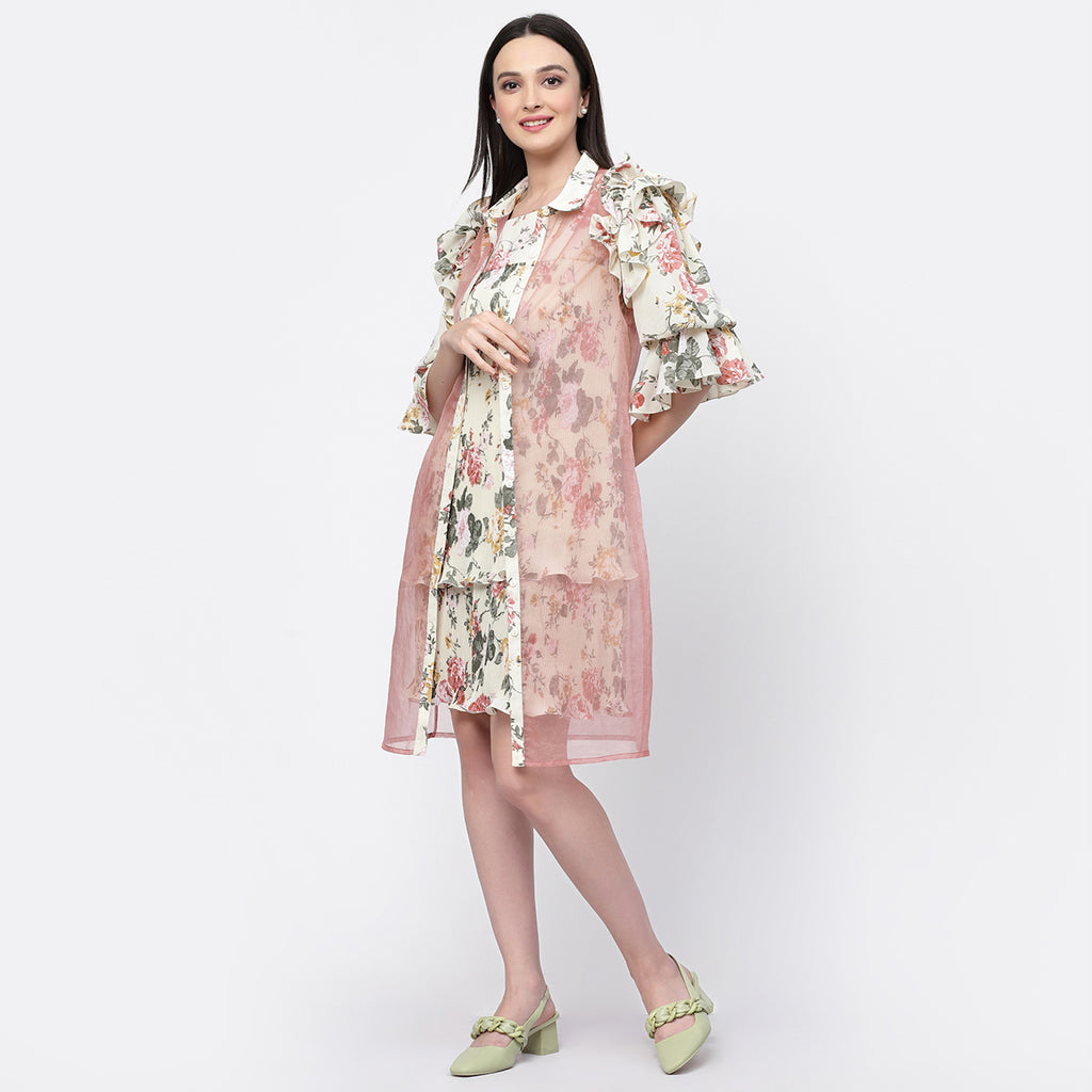 Organza Jacket With Floral Puff Sleeves