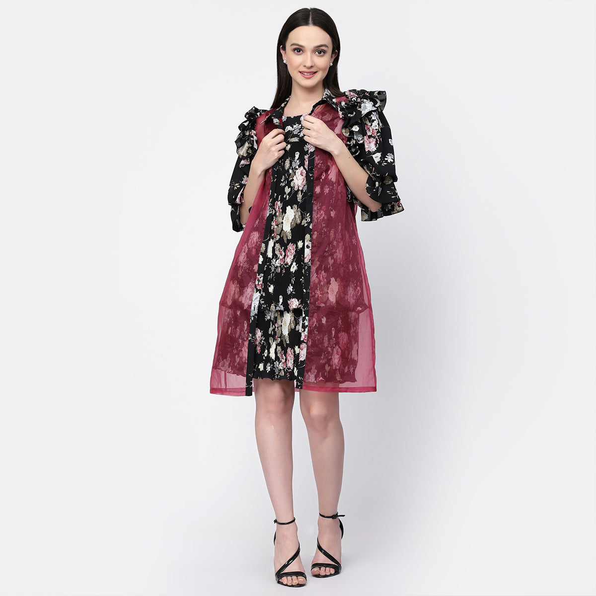 Organza Jacket With Floral Puff Sleeves