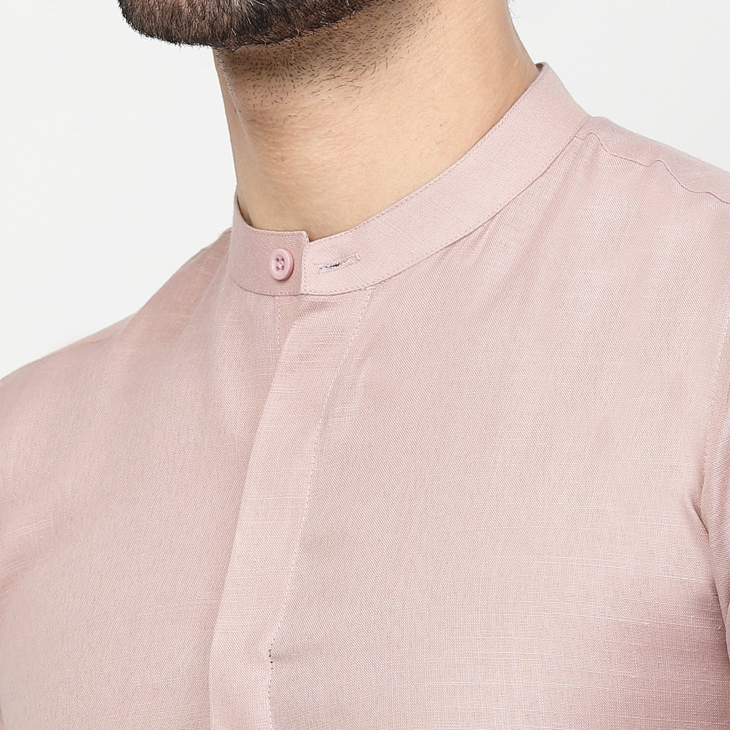 Pink Linen Shirt With Mandarin Collar