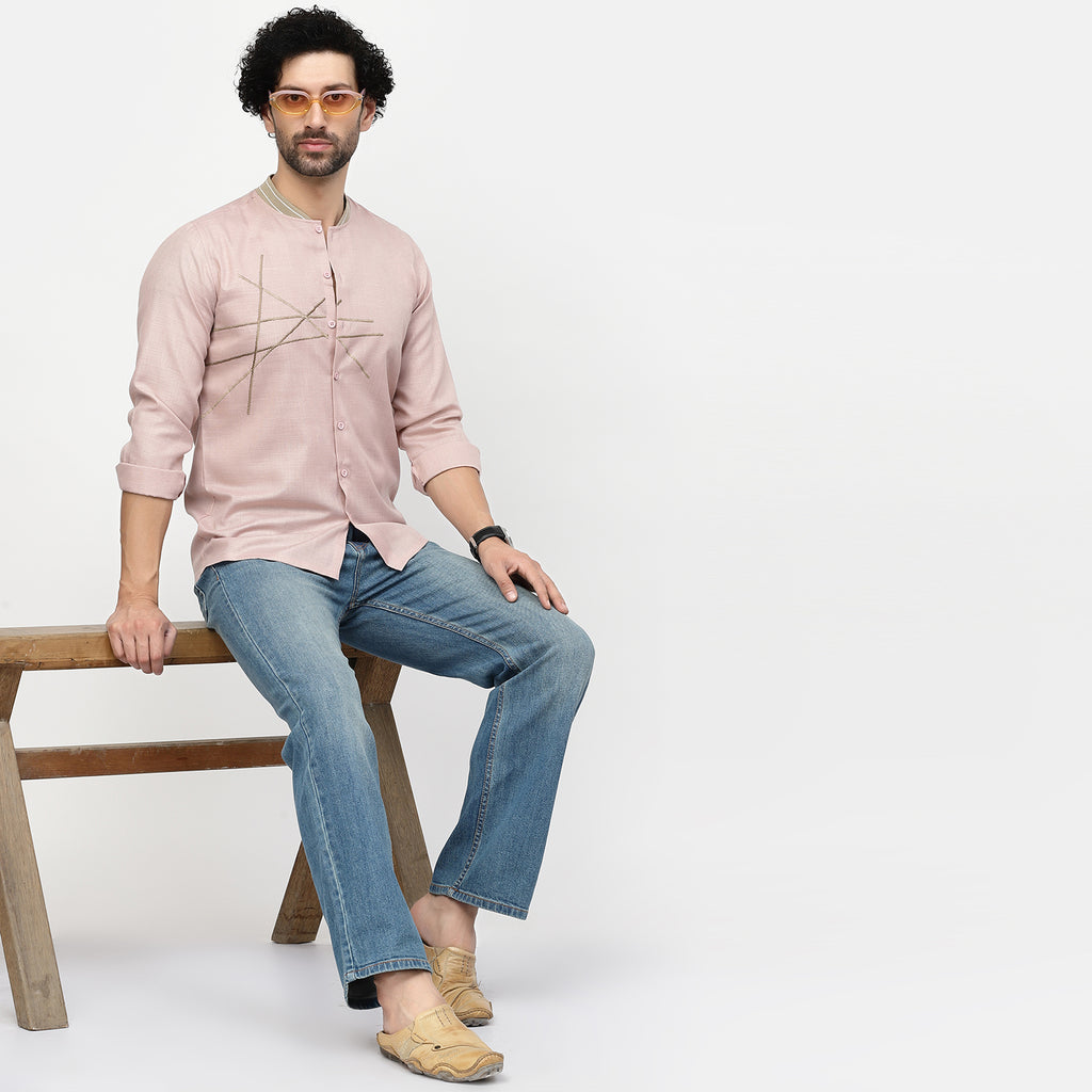 Linen Shirt With Ribbed Collar