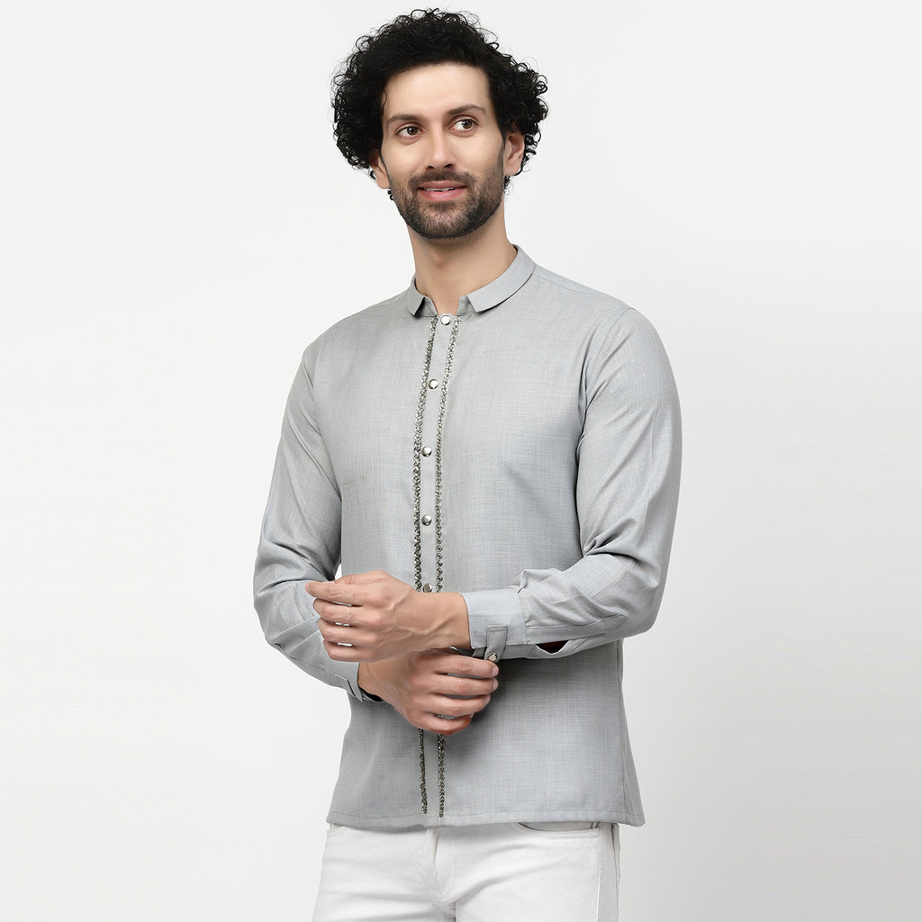Linen Shirt With Tich Button Embroidery