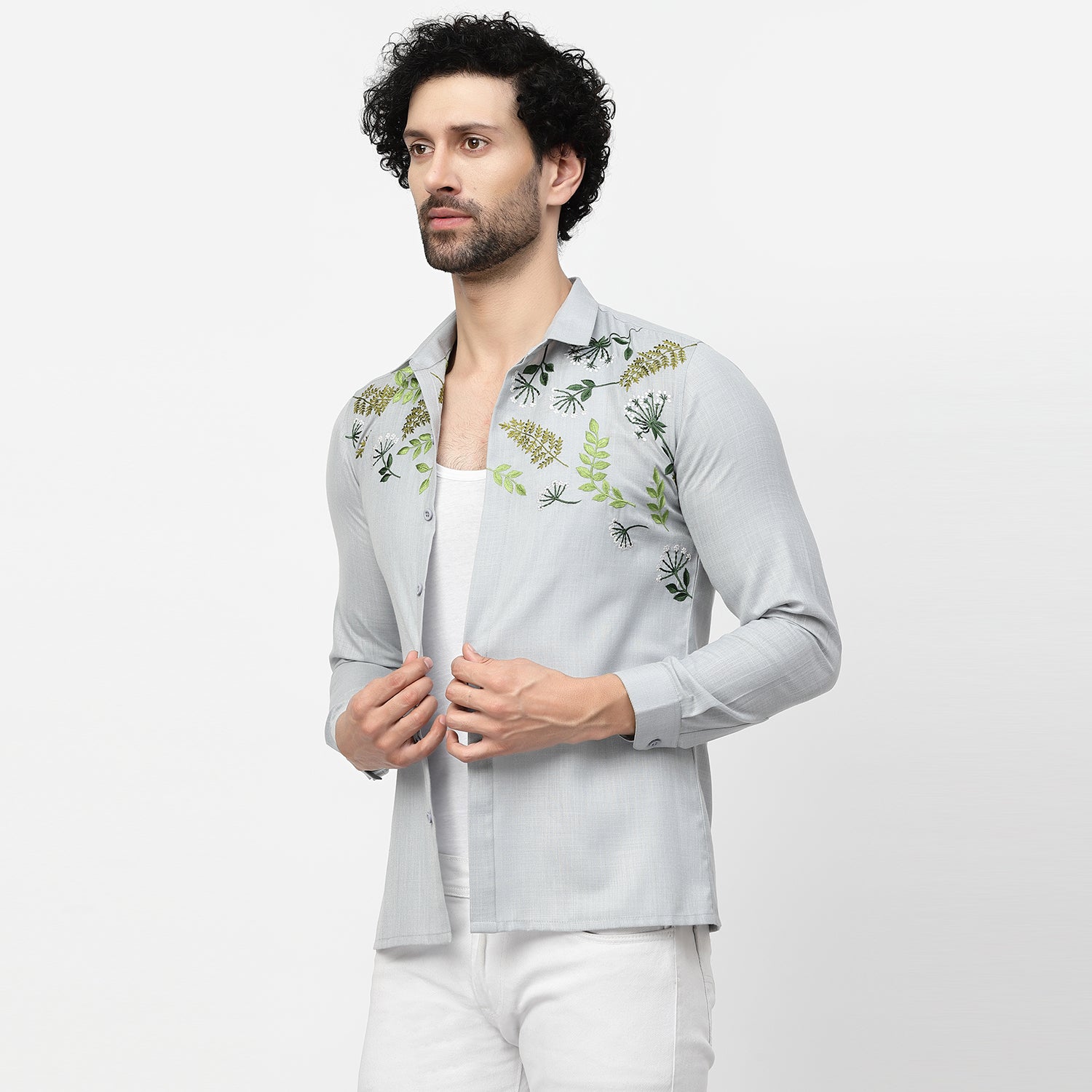 Linen Shirt With Leaf Embroidery