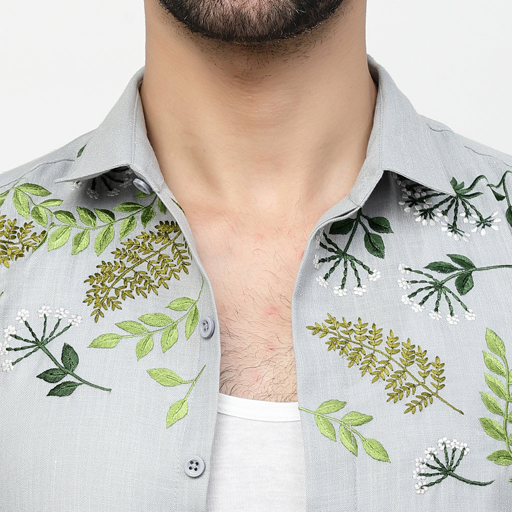 Linen Shirt With Leaf Embroidery