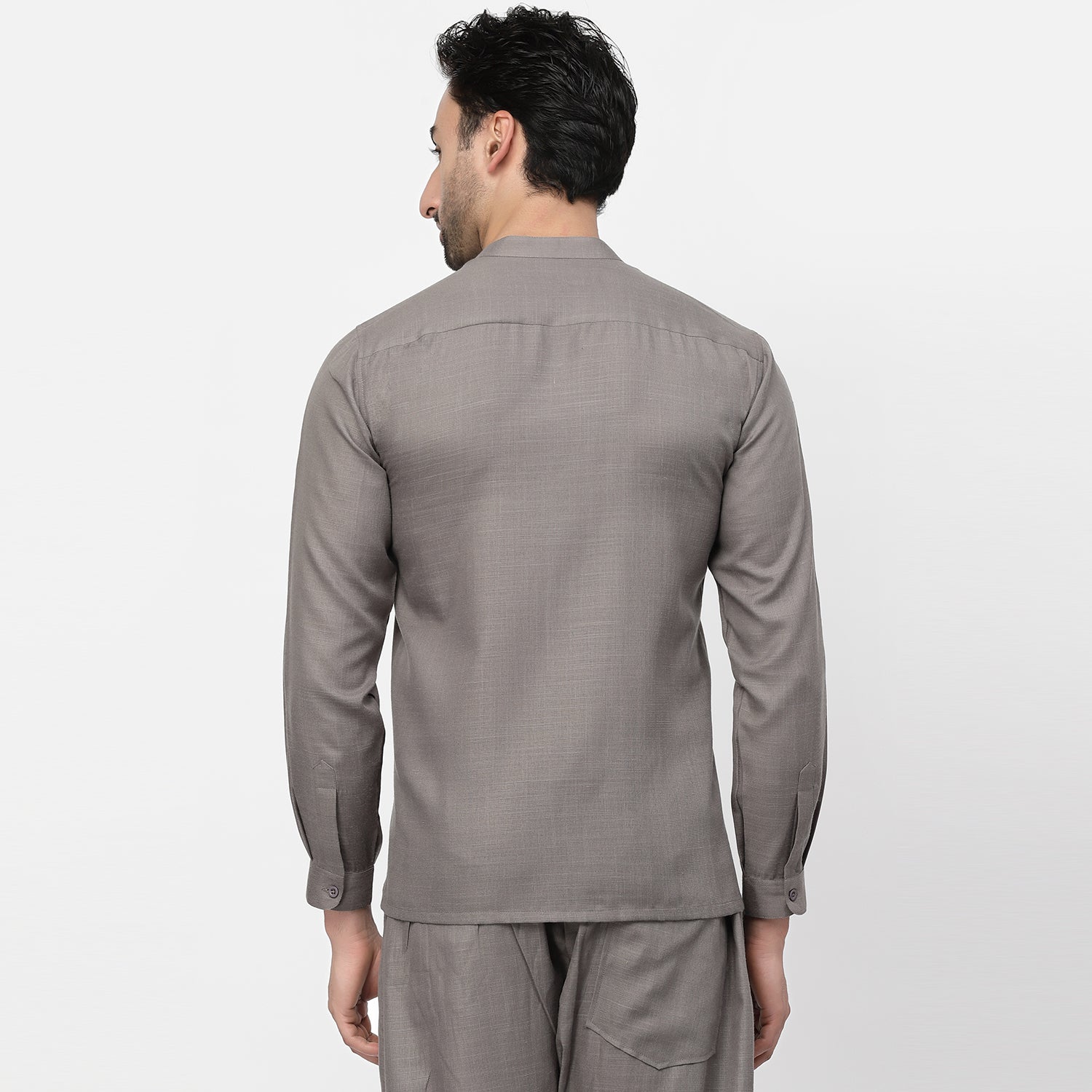 Dark Grey Linen Shirt With Mandarin Collar
