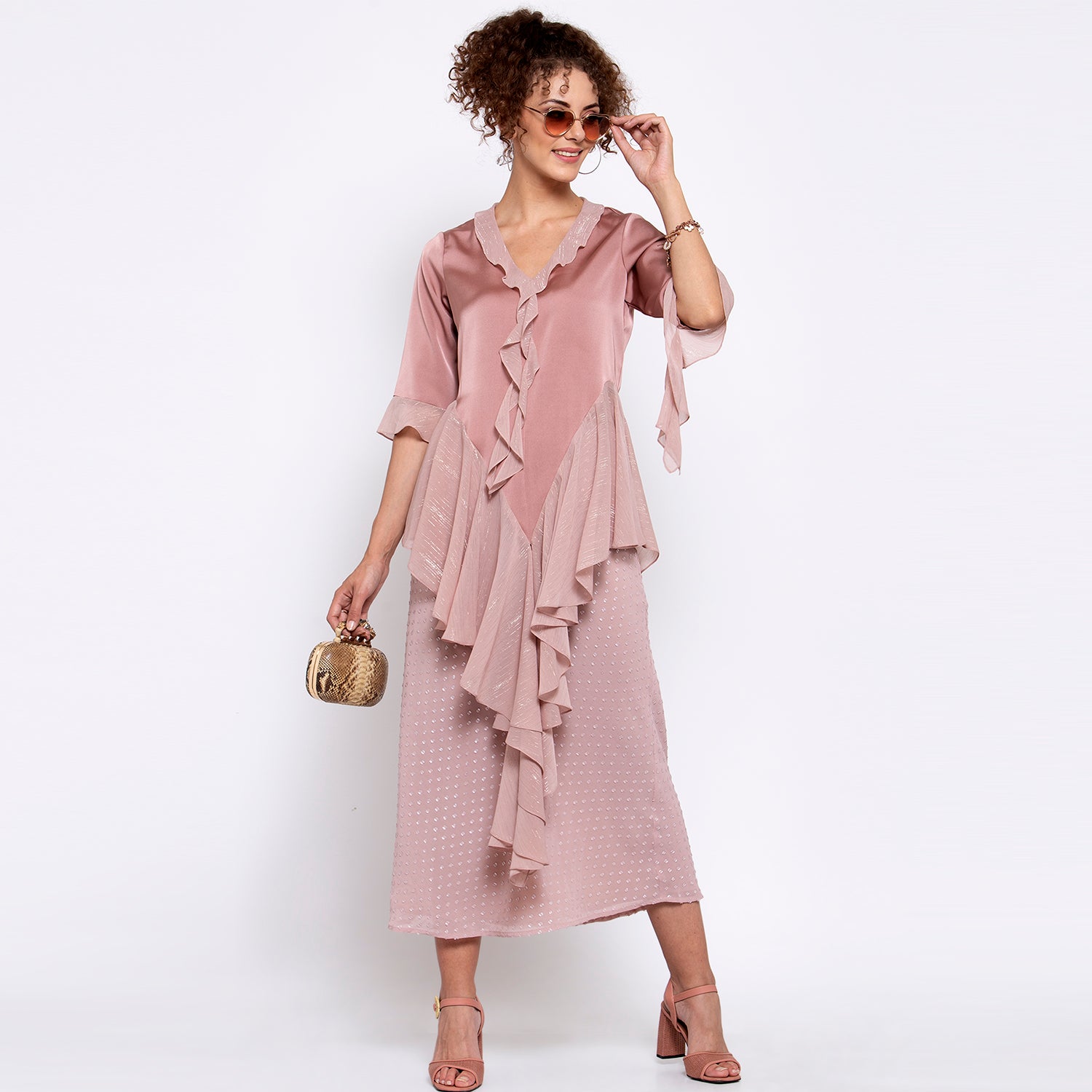 Pink Satin Chiffon Asymmetrical Frill Top for Women