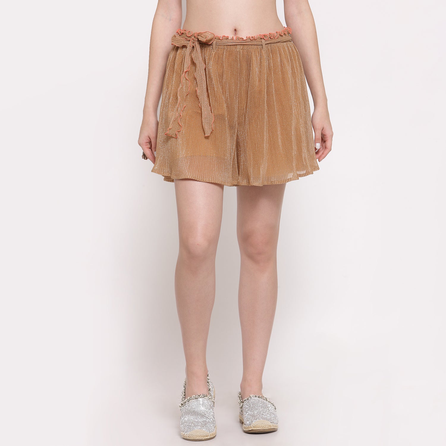 Plisse Beige Shorts With Belt, skirts for women, long skirts for women, crop top and skirt, women in short skirts