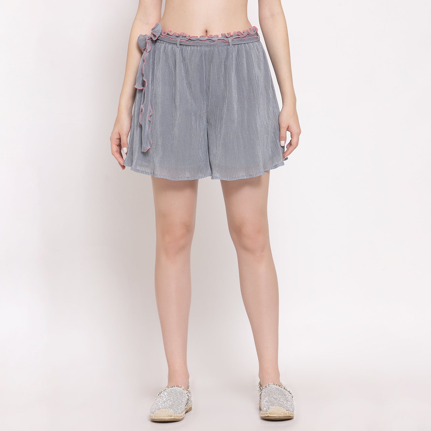 Plisse Grey Shorts With Belt, skirts for women, long skirts for women, crop top and skirt, women in short skirts