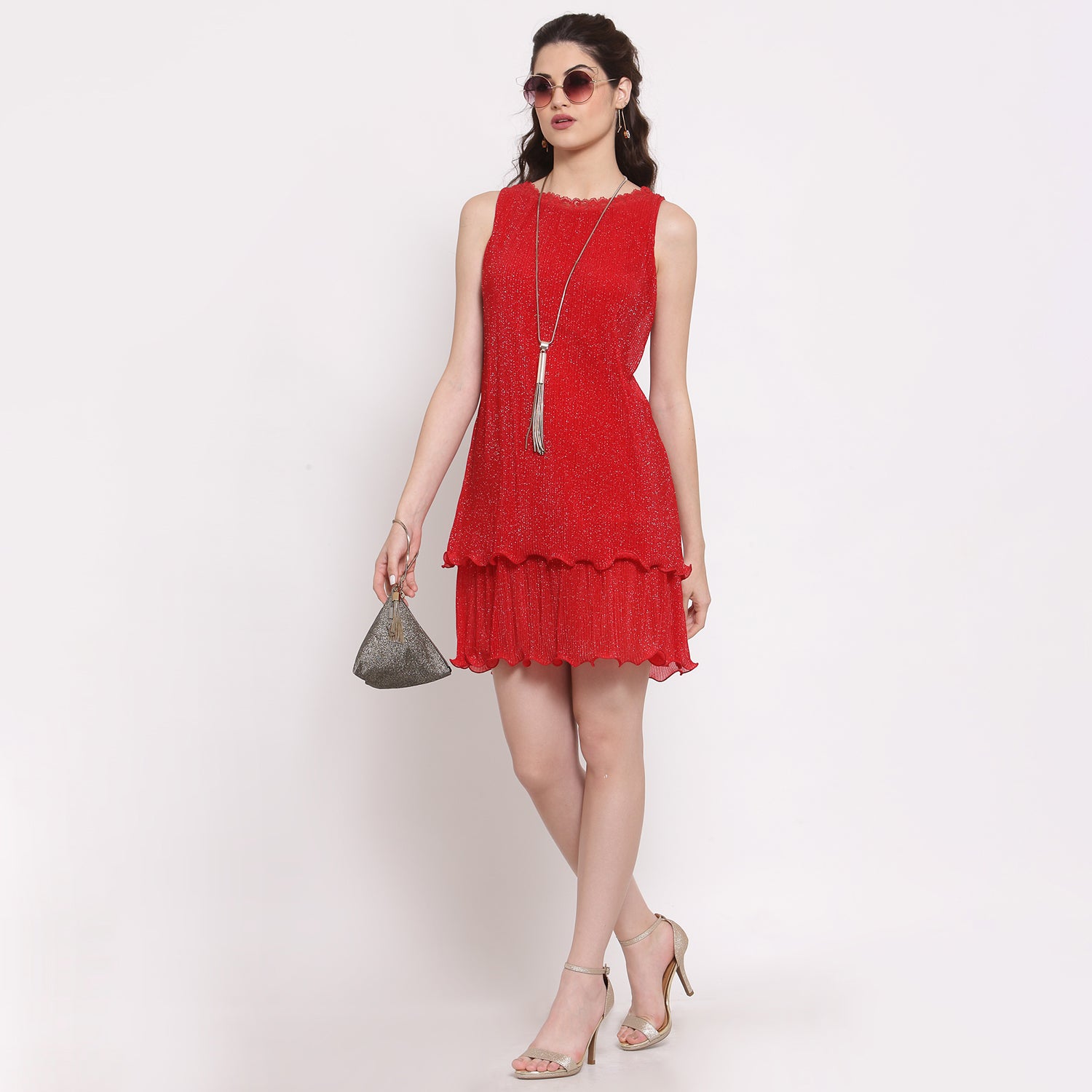 Red Plisse Double Layered Dress, Mesh Dress , Party dress , Holographic print dress , sequins dress