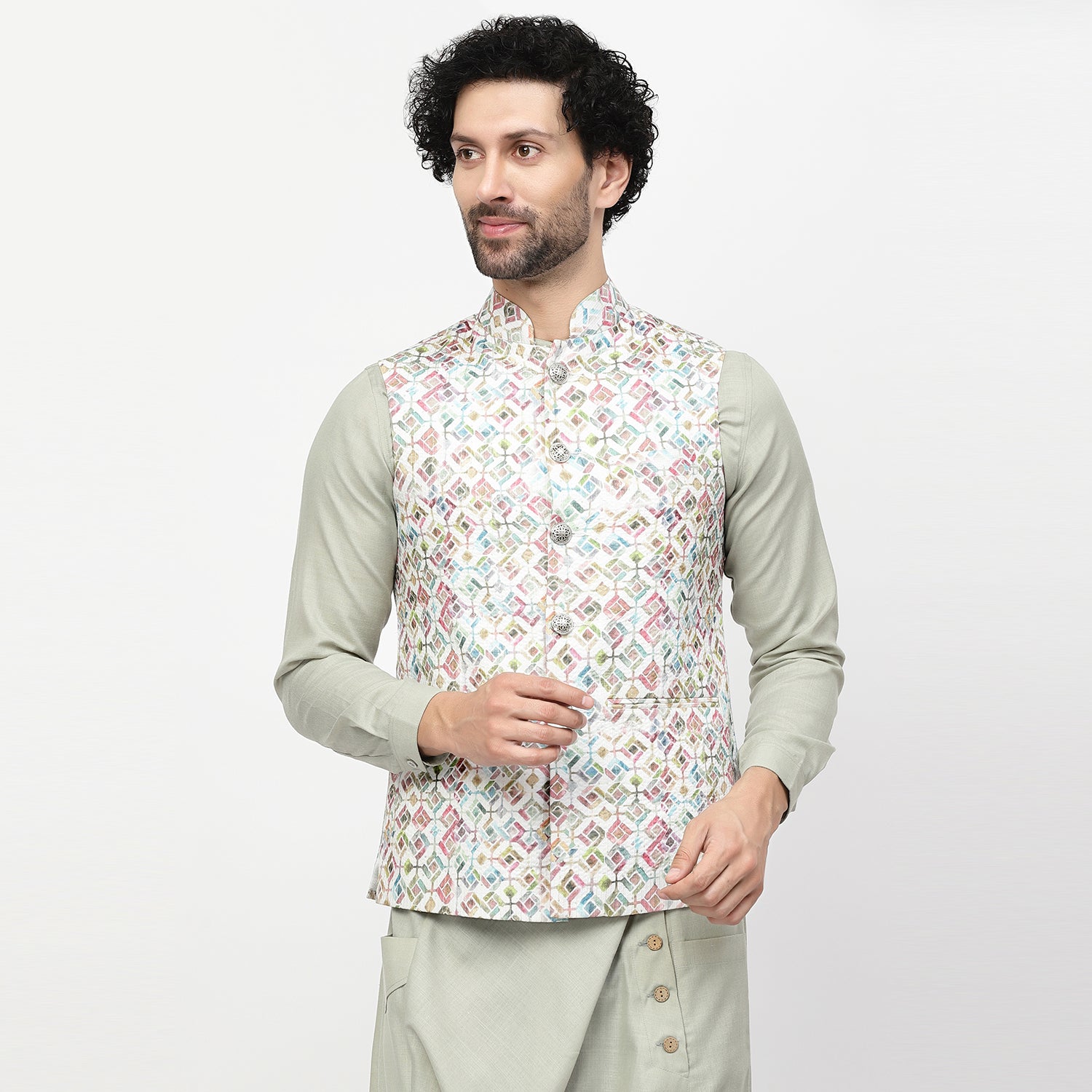 Square Print Embroidered Jacket for Men