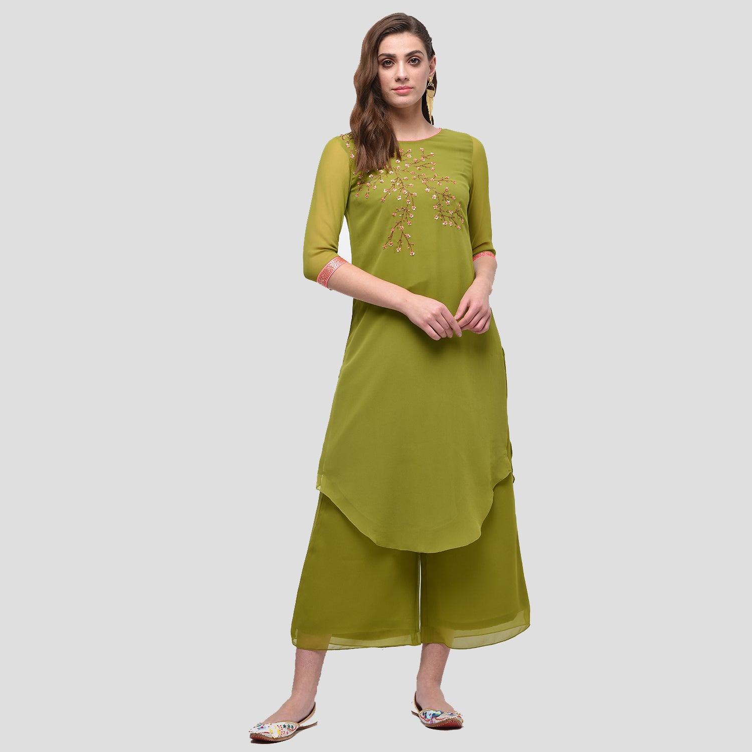 Olive Georgette Asymmetrical Kurti for Women
