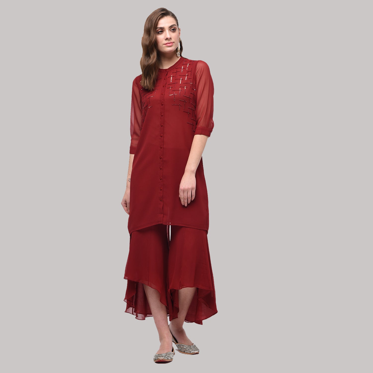 Maroon Embroidered Tunic With Asymmetrical Back