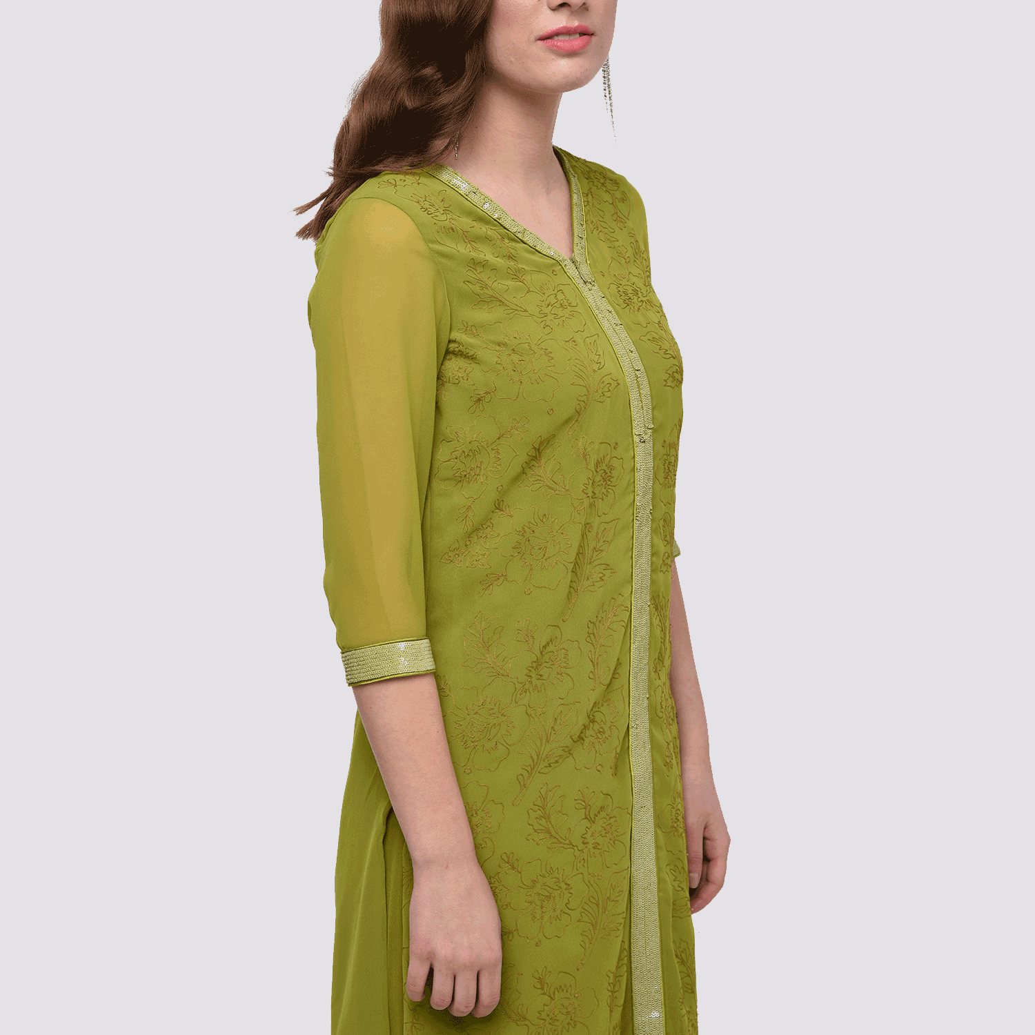 Olive Georgette Kurti With Flower Embroidery