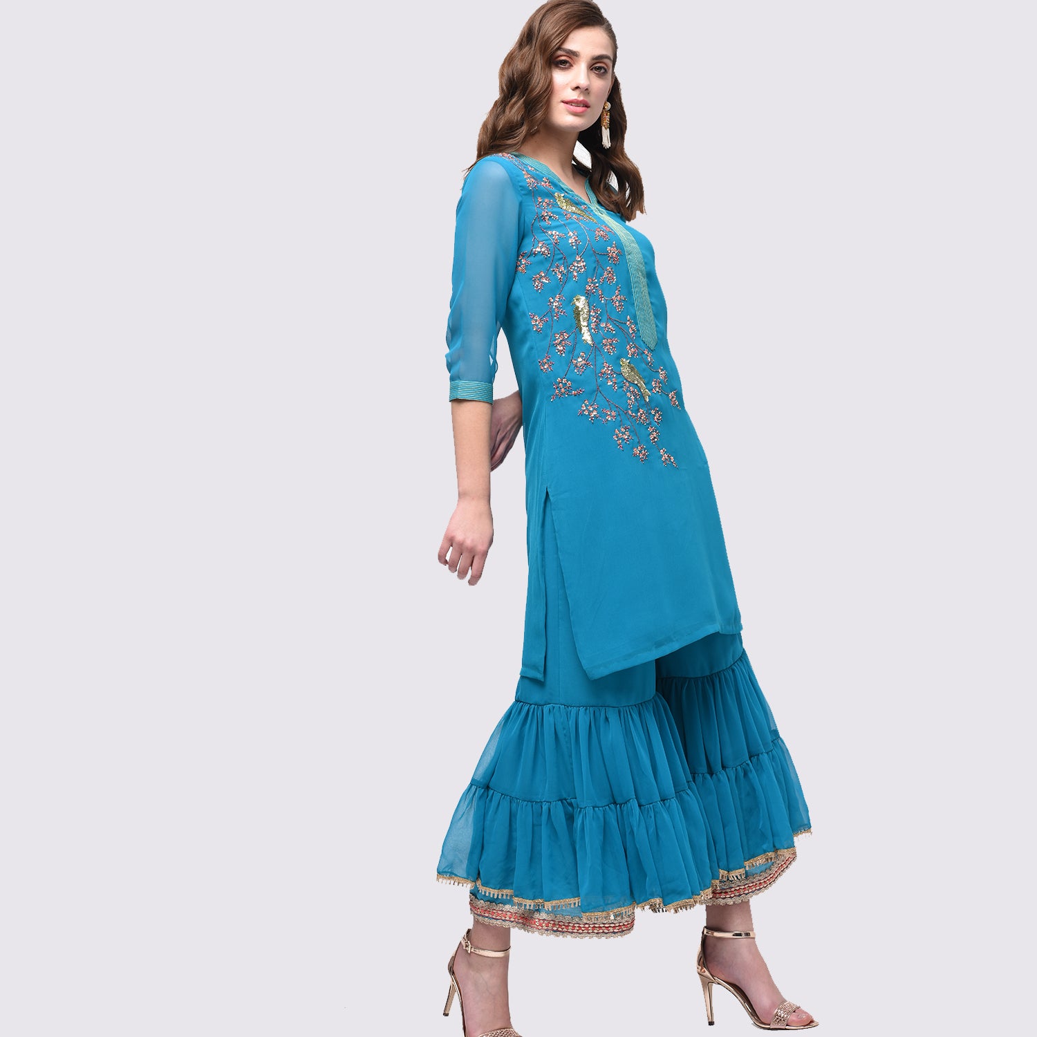Turquoise Georgette Kurti With Bird Embroidery