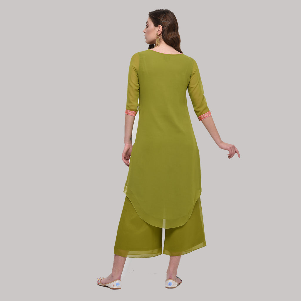 Olive Georgette Asymmetrical Kurti With Embroidery