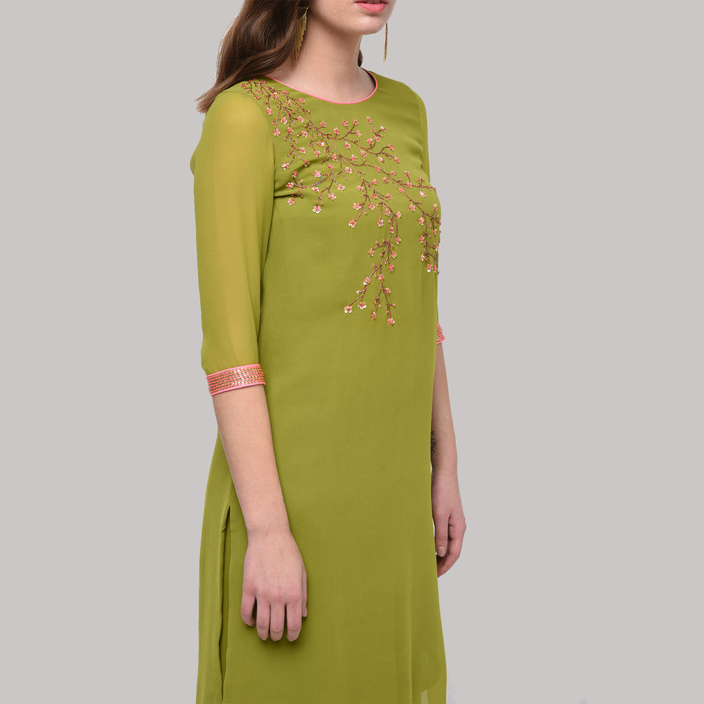 Olive Georgette Asymmetrical Kurti With Embroidery