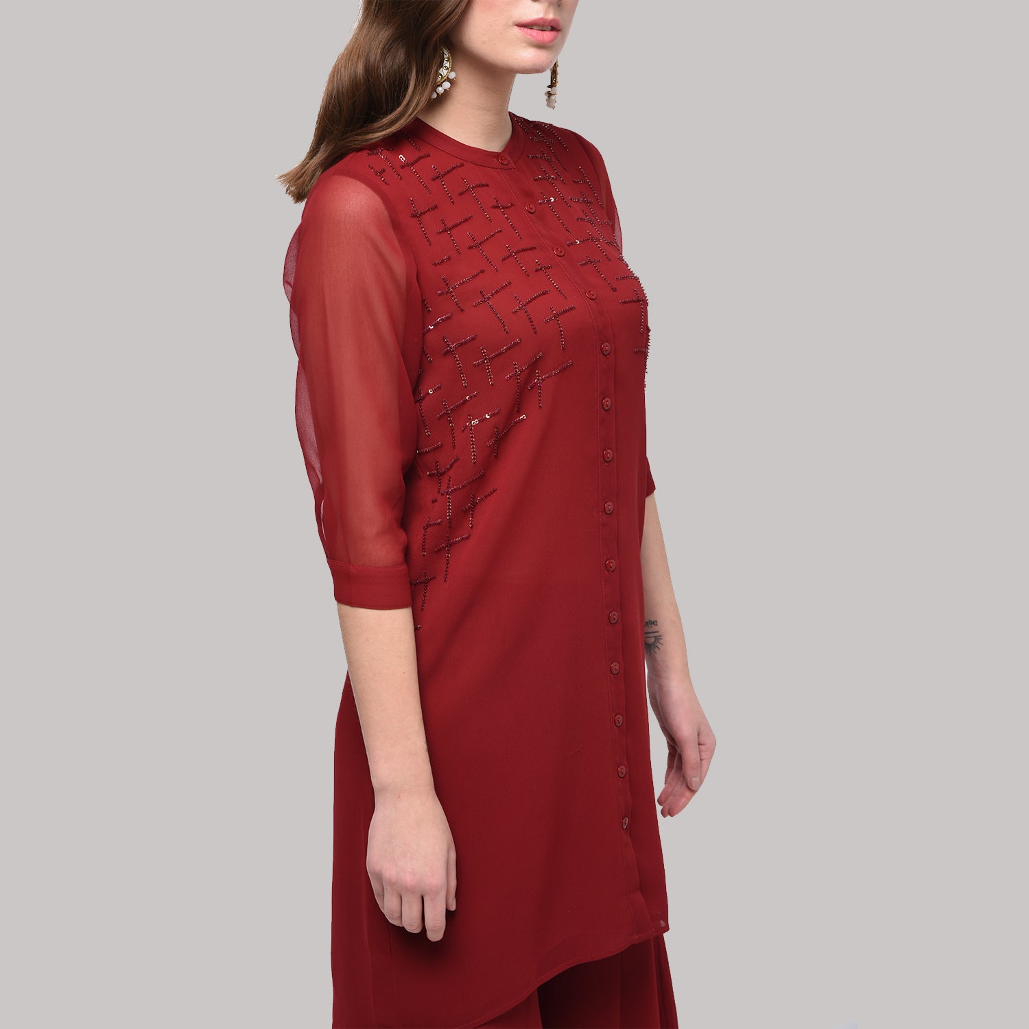 Maroon Embroidered Tunic With Asymmetrical Back