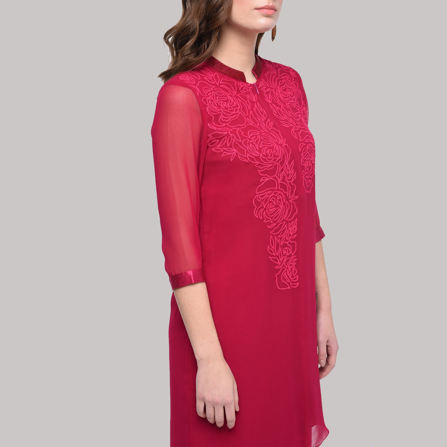 Pink Georgette Tunic With Rose Embroidery At The Neck