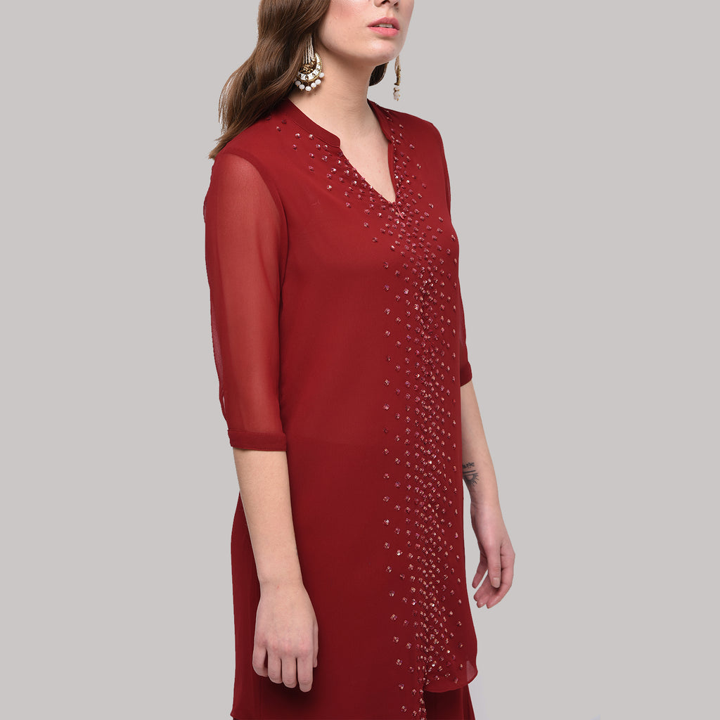 Maroon Georgette Tunic Wiith Sequins Front Embroidery
