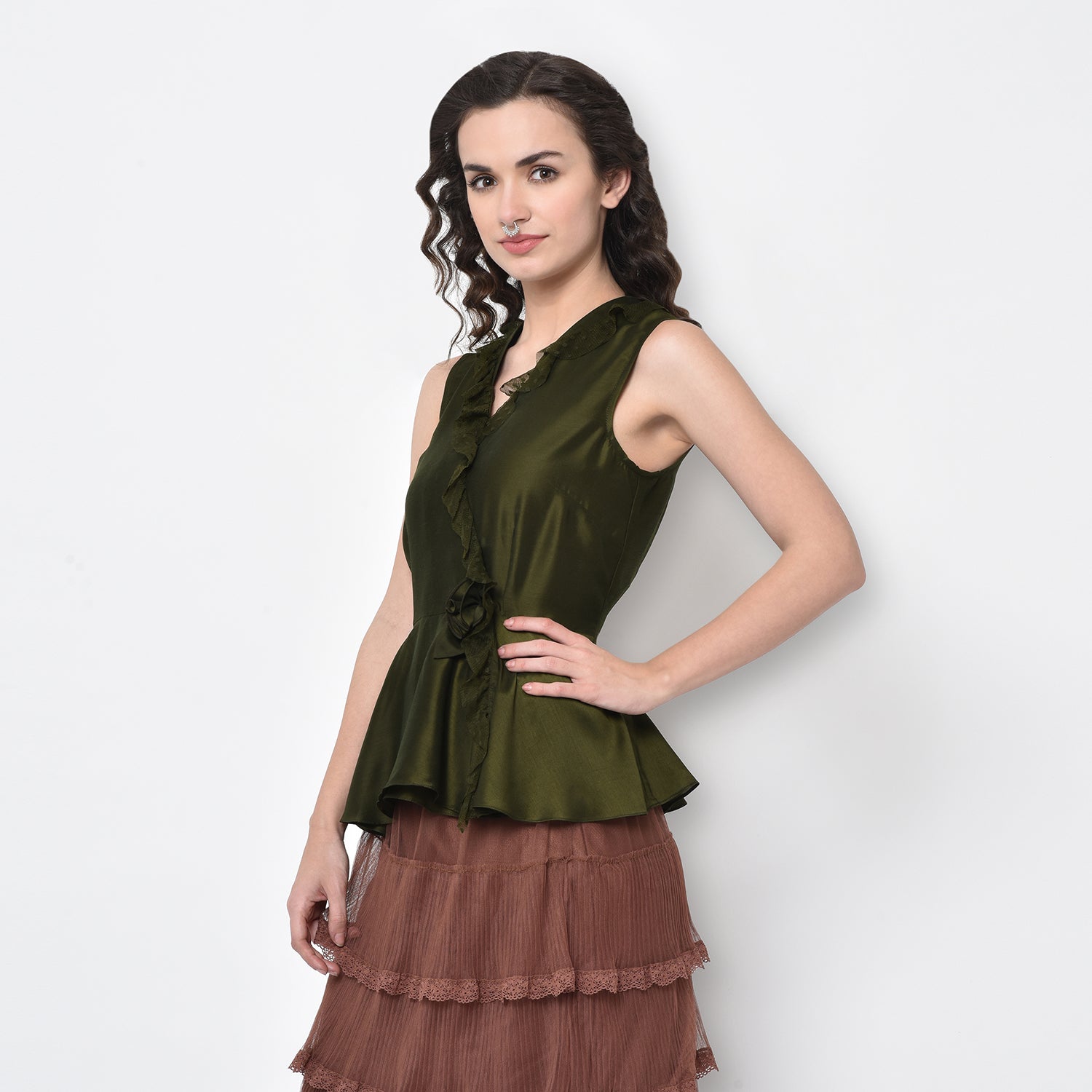 Olive Overlap Frill Top