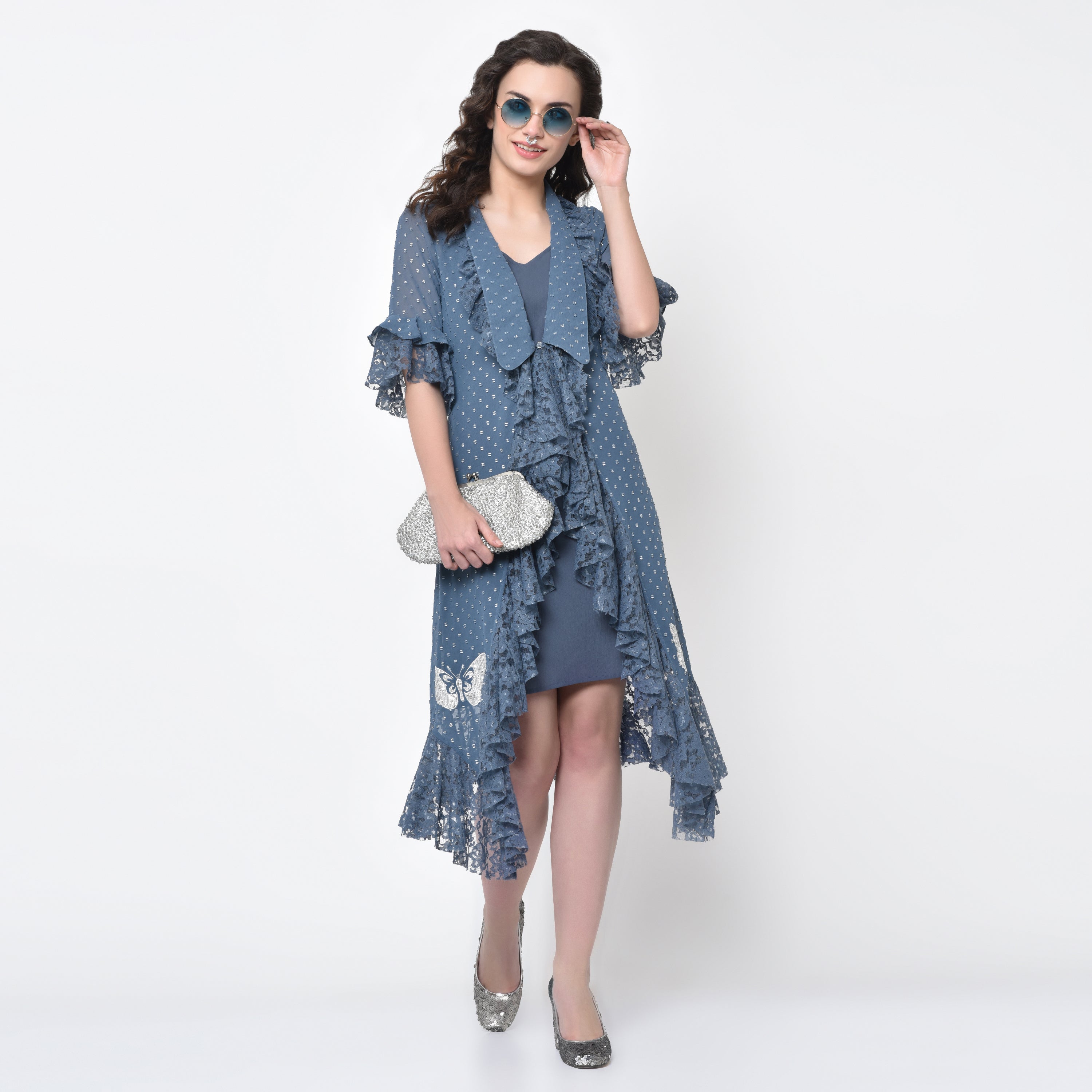 Silver Dot Stone Blue Tunic With Butterfly Embroidery