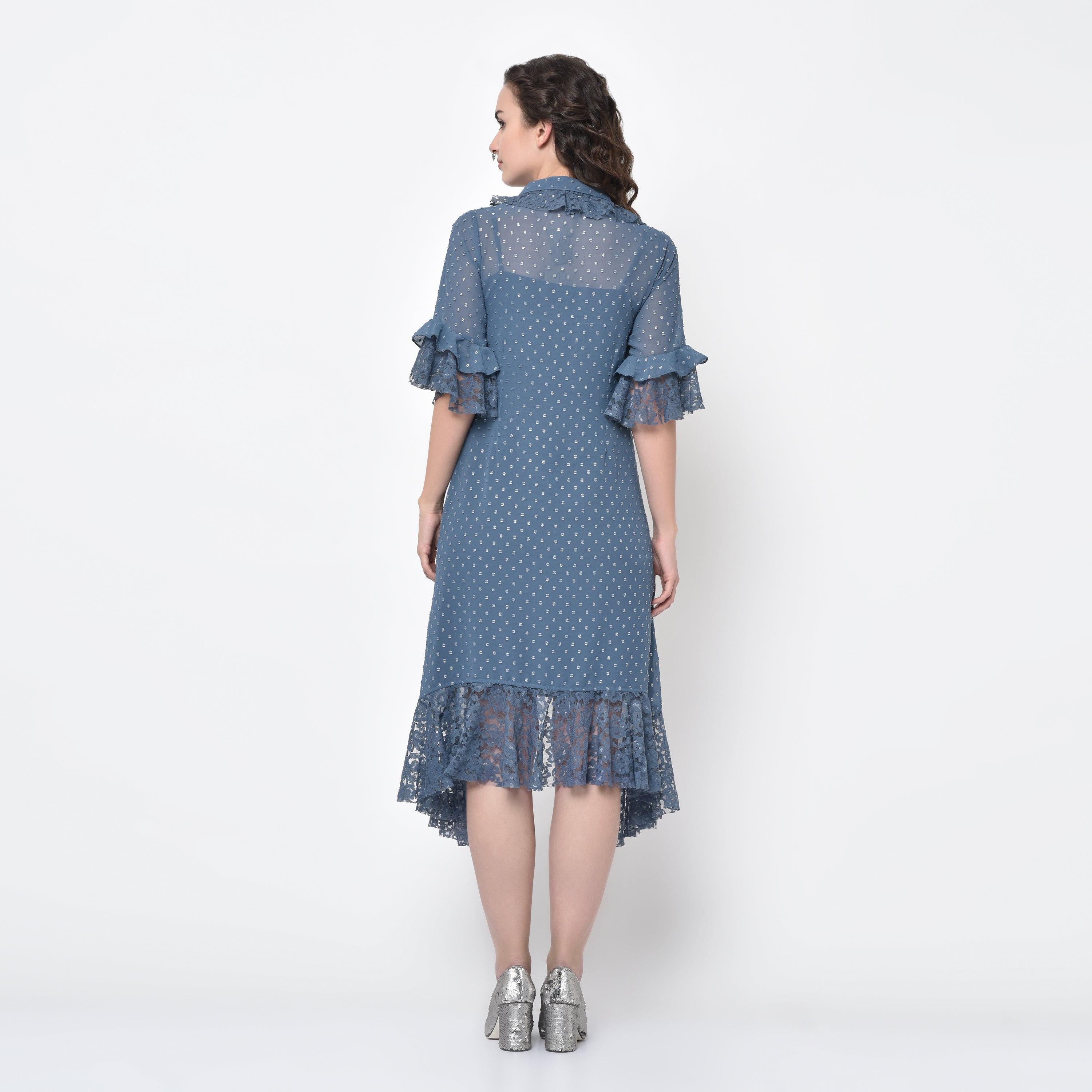 Silver Dot Stone Blue Tunic With Butterfly Embroidery