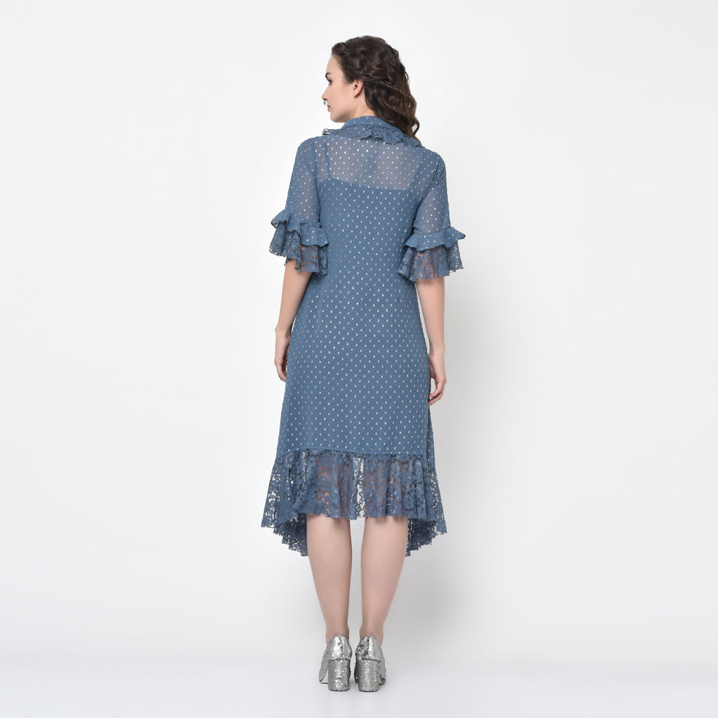 Silver dot stone blue tunic with butterfly embroidery
