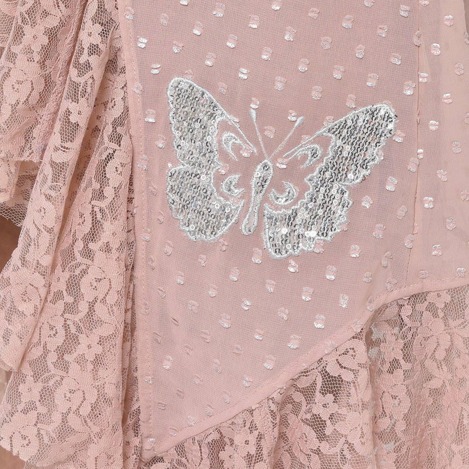 Silver Dot Pink Tunic With Butterfly Embroidery