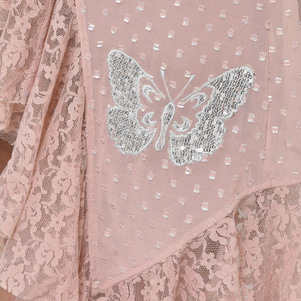 Silver dot pink tunic with butterfly embroidery