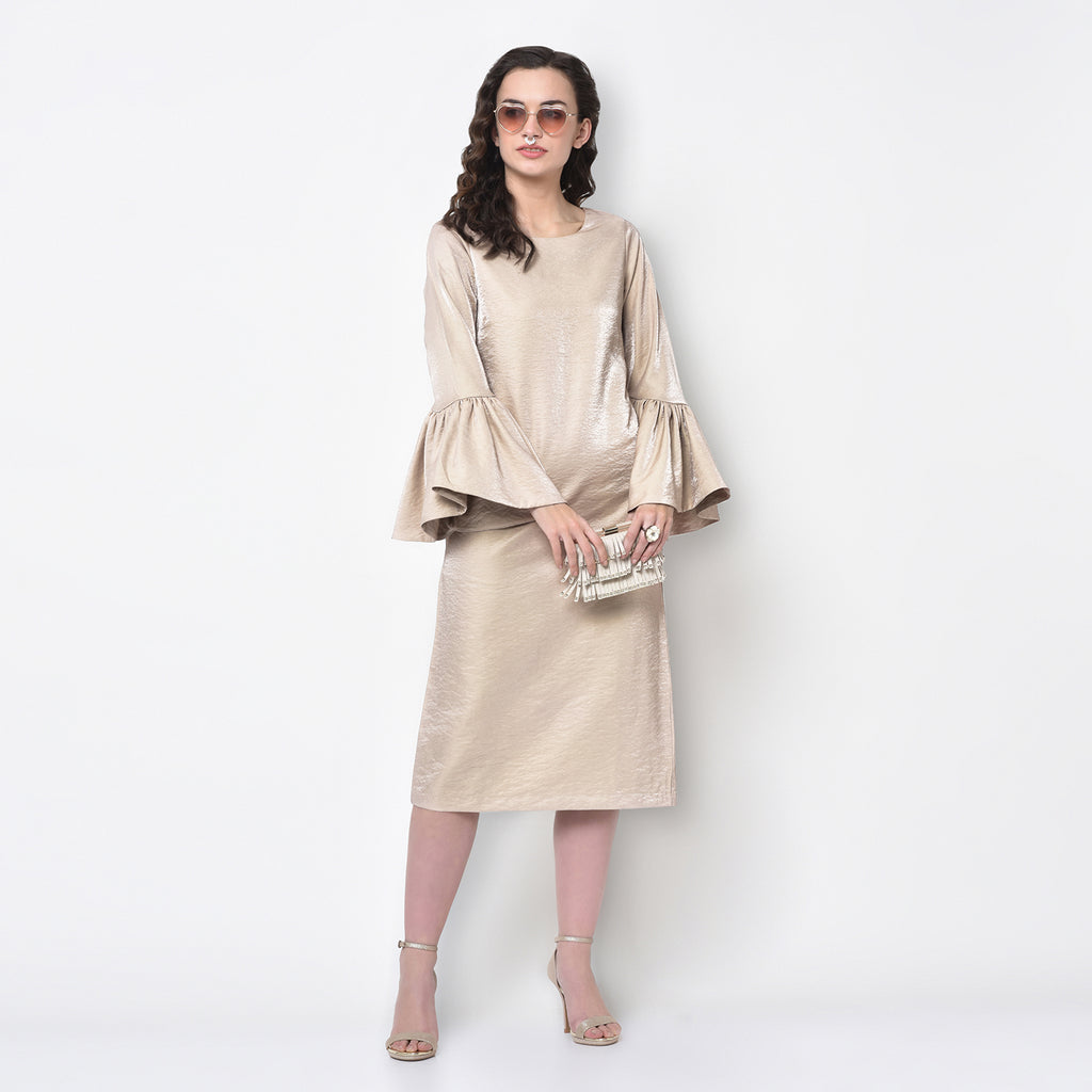 Beige long dress with bell sleeve