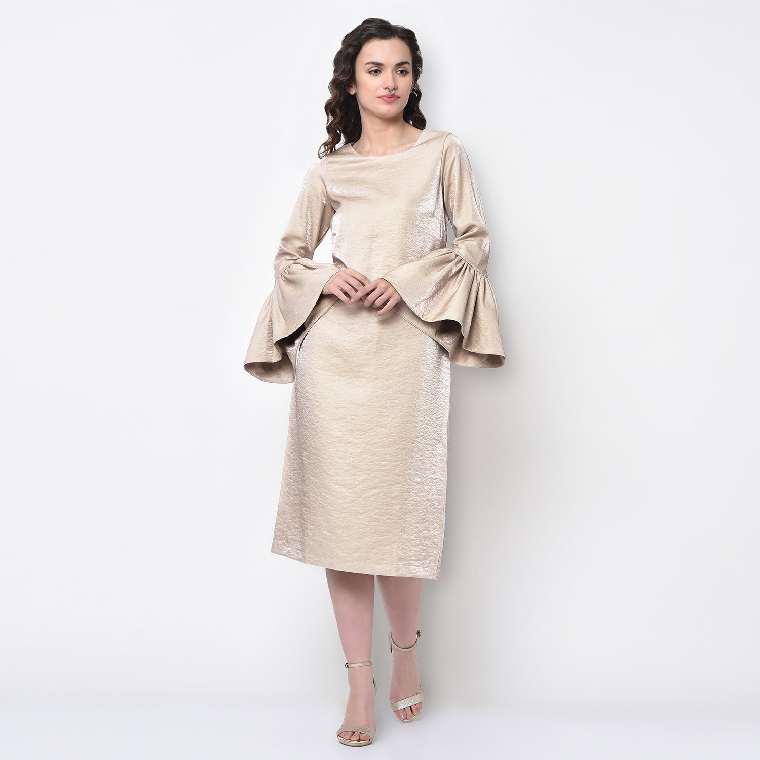 Beige Long Dress With Bell Sleeve