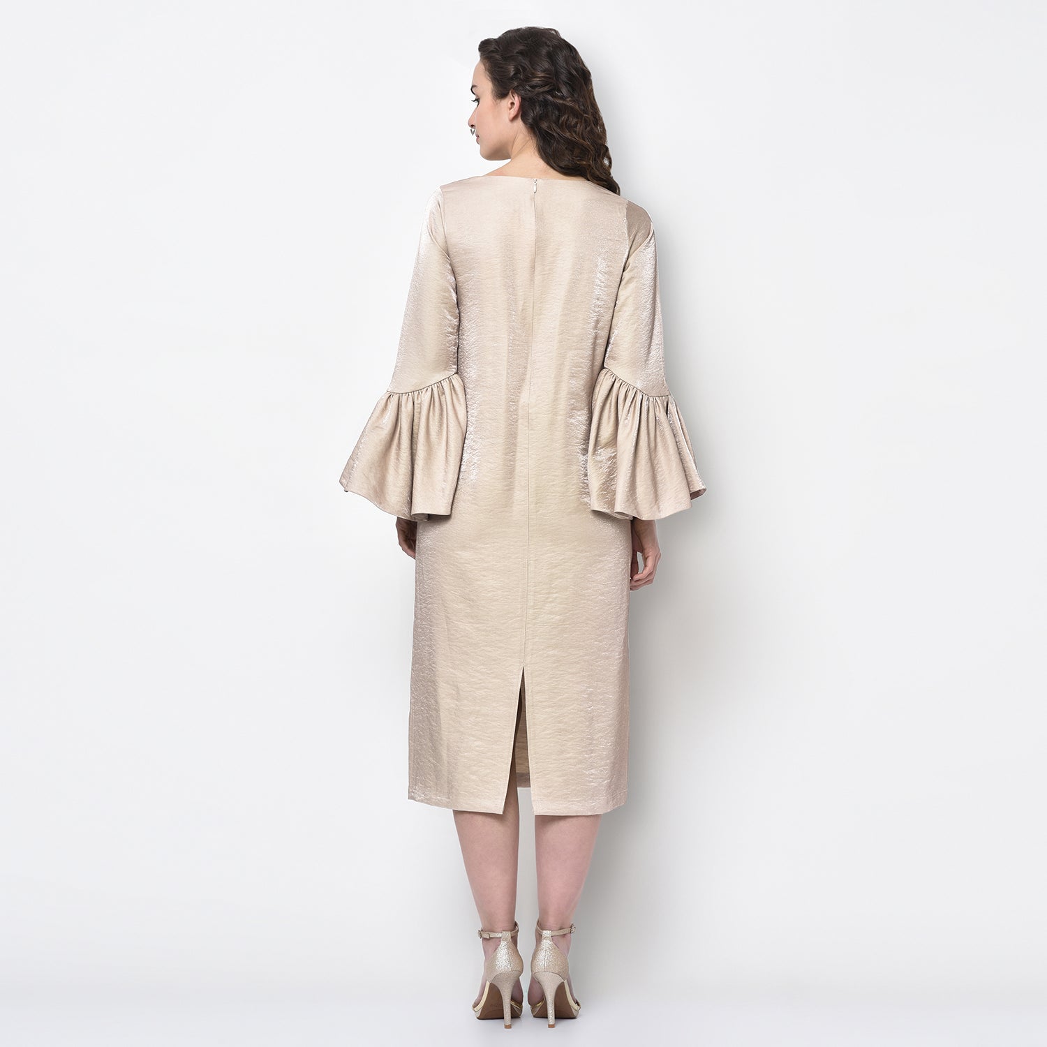 Beige Long Dress With Bell Sleeve