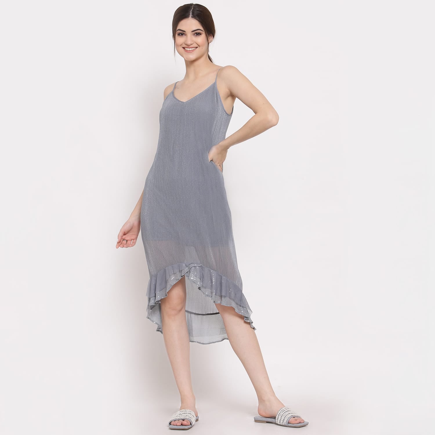 Grey Plisse Asymmetric Dress