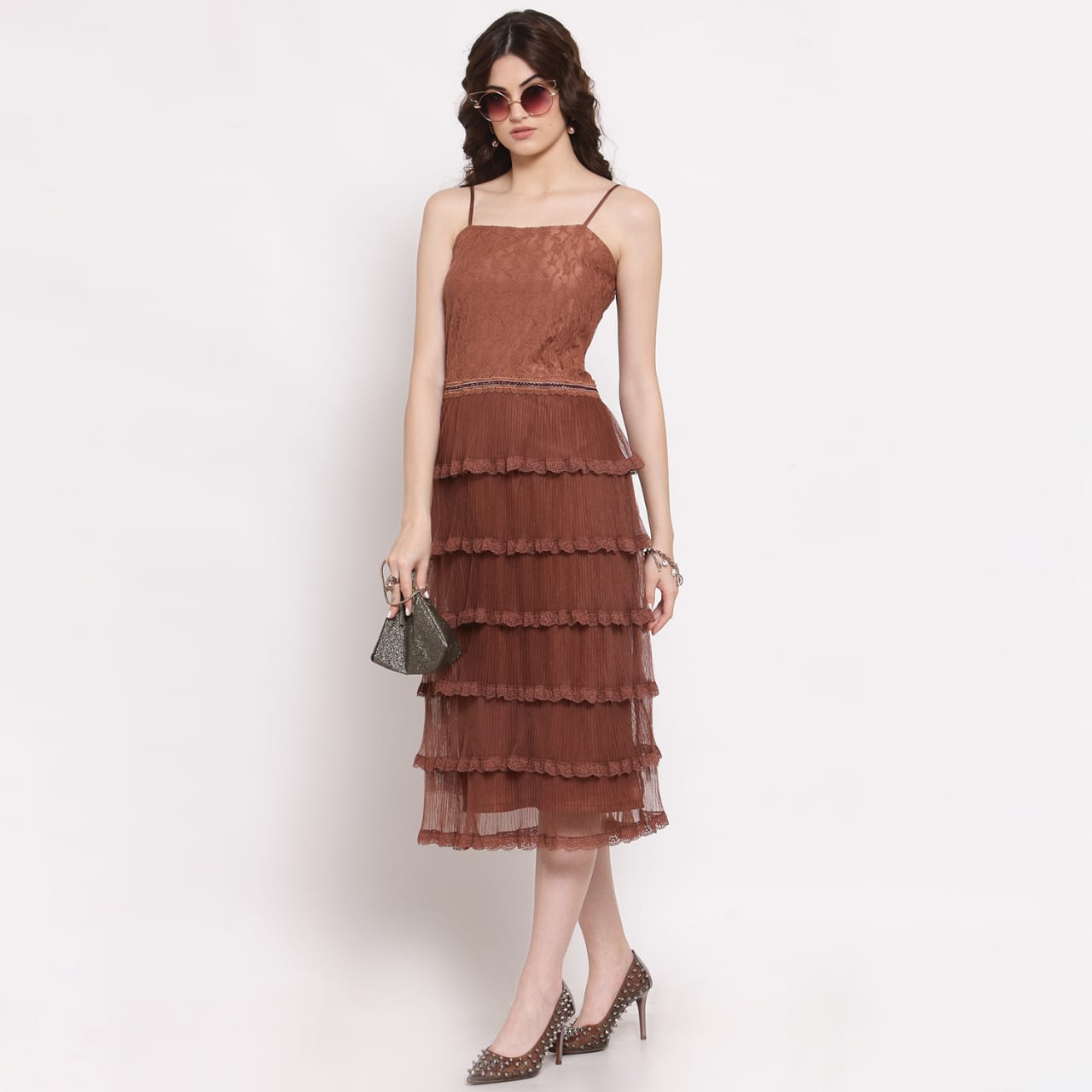 Brown Net Frill Dress