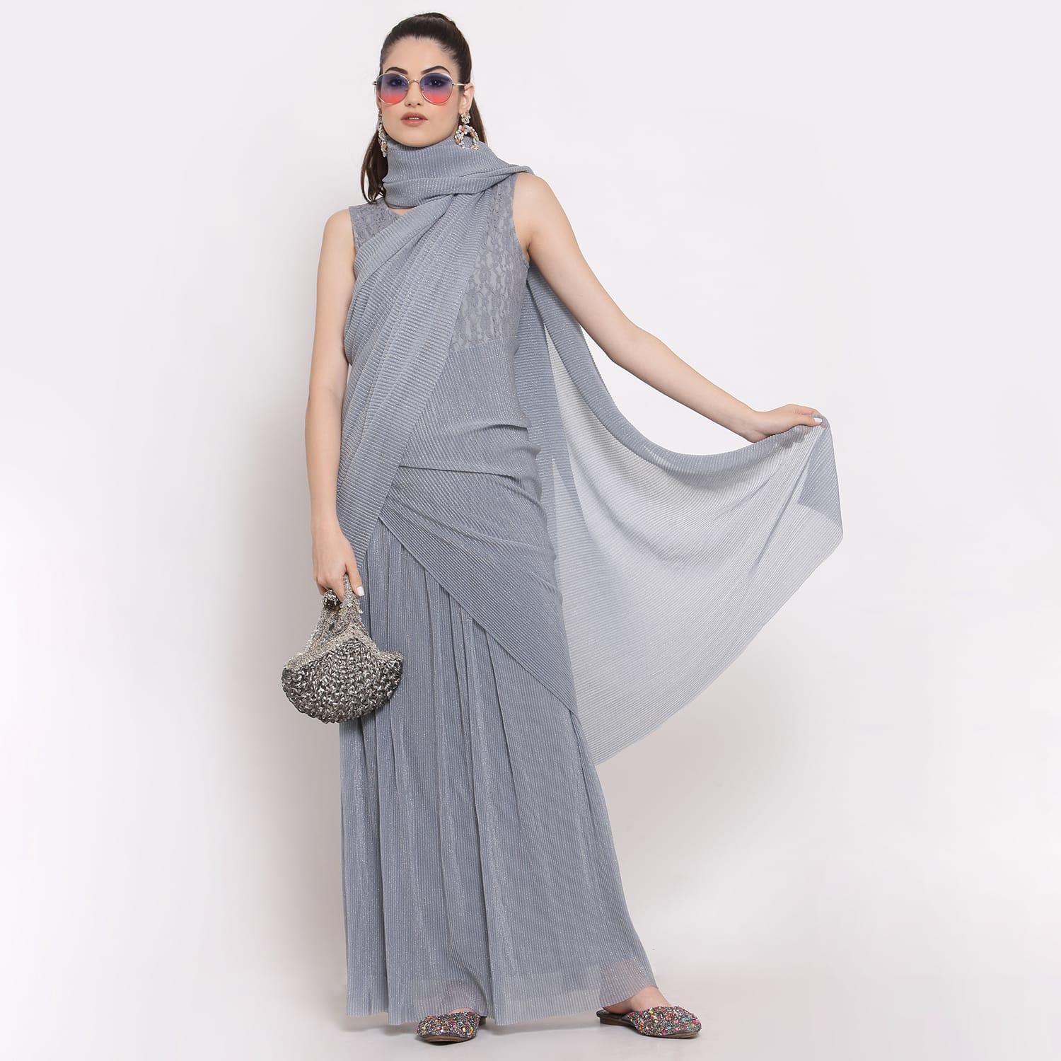 Grey Drape Saree With Net And Plisse Fabric
