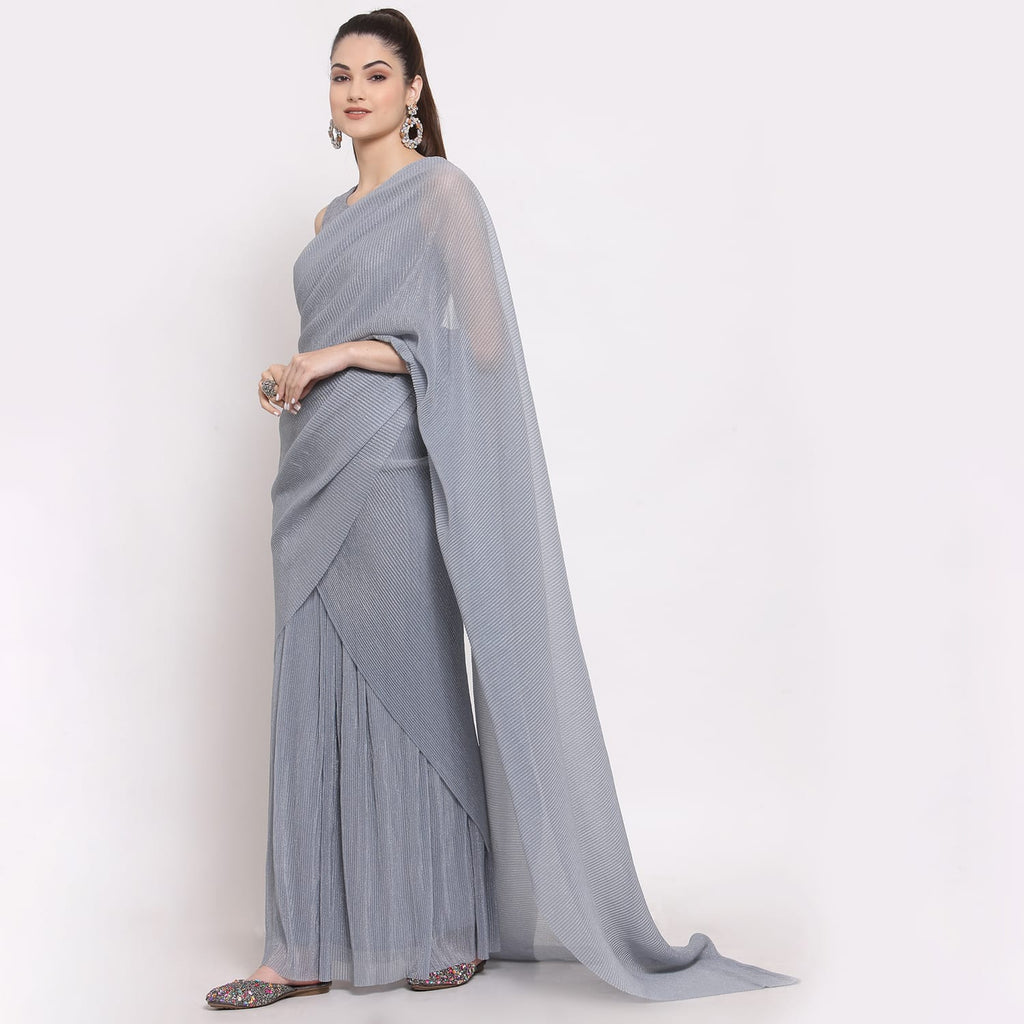 Grey drepe saree with net and plisse fabric