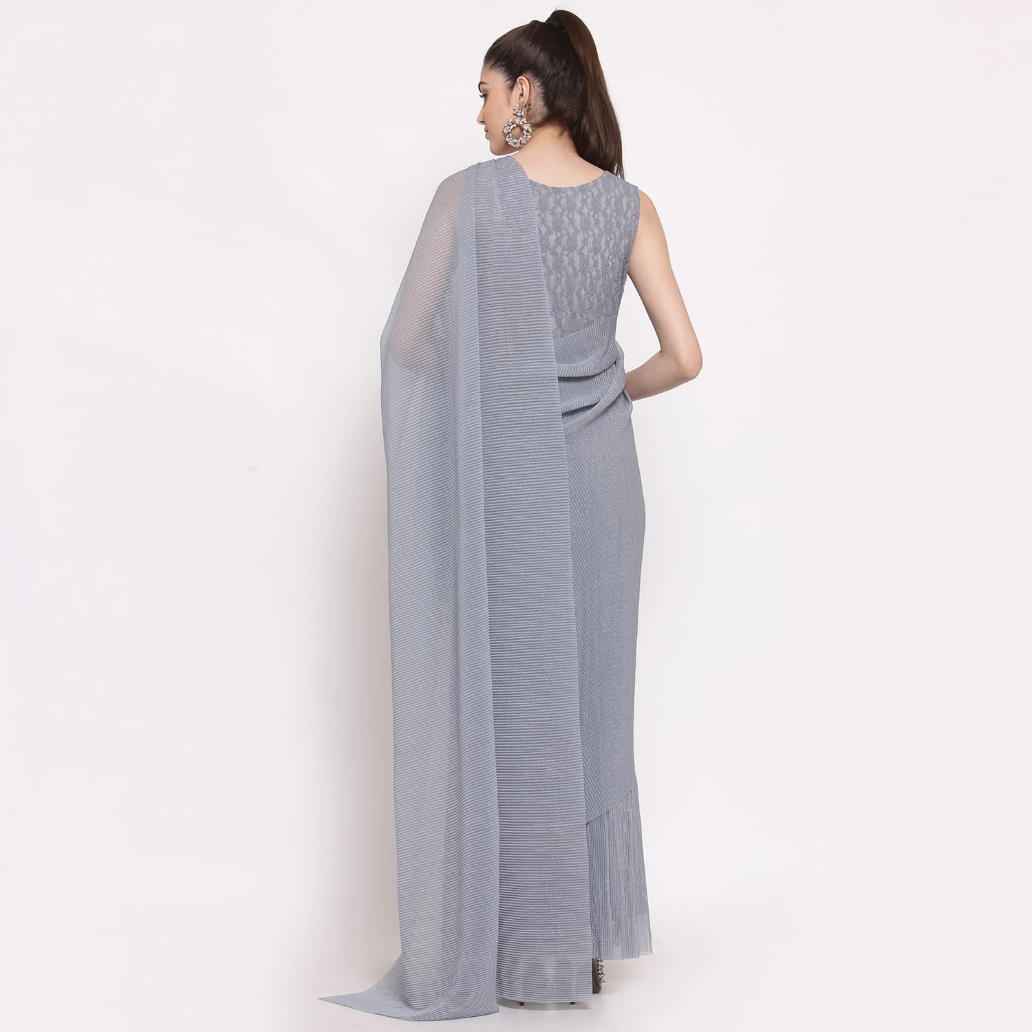 Grey Drape Saree With Net And Plisse Fabric